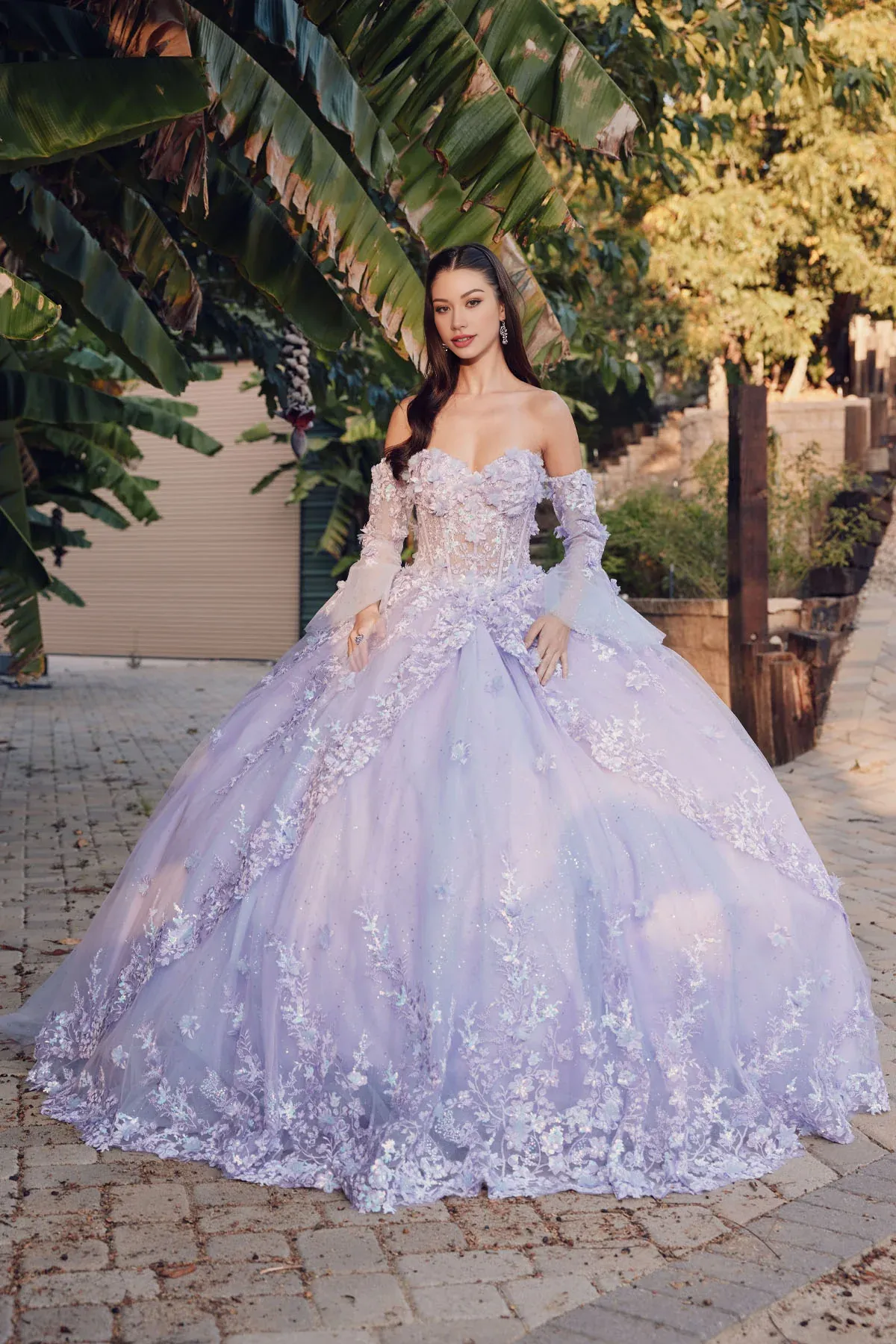 3D Floral Strapless Bell Sleeve Ball Gown Off Shoulder Prom Dresses Floral Dress Quinceanera