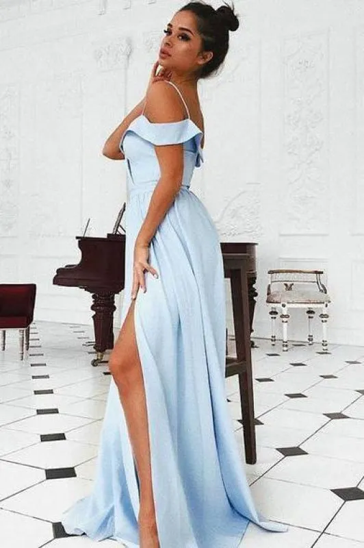 A Line Off the Shoulder Split Long Prom Dress Cheap Sexy Slit Evening Gown