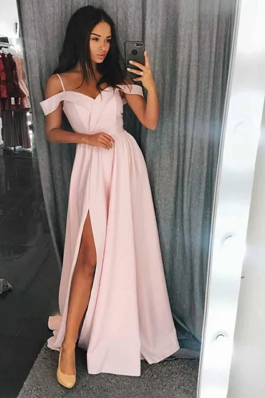 A Line Off the Shoulder Split Long Prom Dress Cheap Sexy Slit Evening Gown