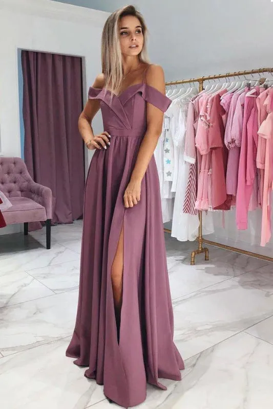 A Line Off the Shoulder Split Long Prom Dress Cheap Sexy Slit Evening Gown