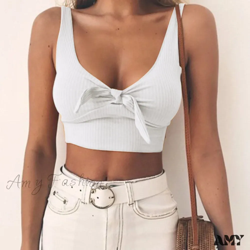 Amy Fashion - Sexy Bow Tank Tops For Women Bare Midriff Basic Crop Top