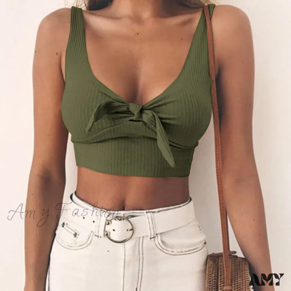 Amy Fashion - Sexy Bow Tank Tops For Women Bare Midriff Basic Crop Top