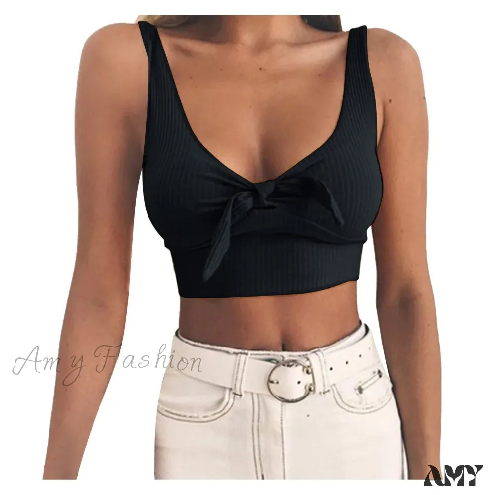 Amy Fashion - Sexy Bow Tank Tops For Women Bare Midriff Basic Crop Top