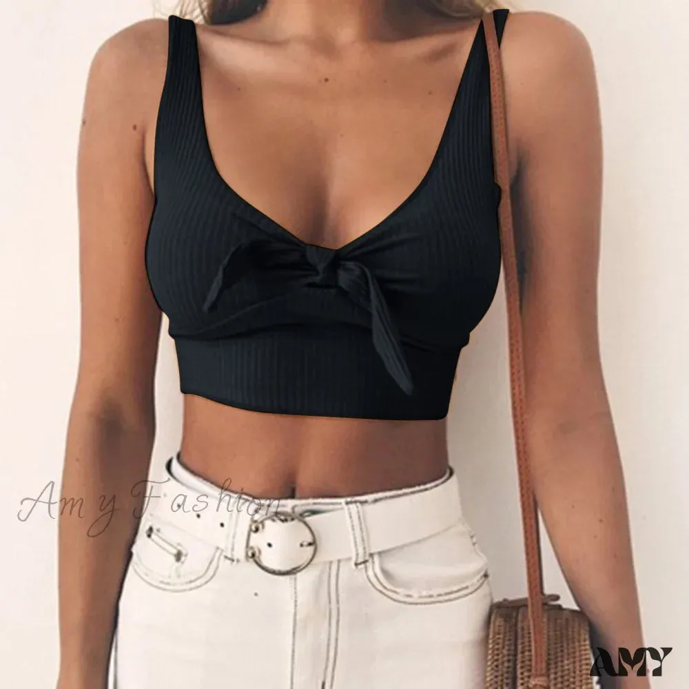 Amy Fashion - Sexy Bow Tank Tops For Women Bare Midriff Basic Crop Top