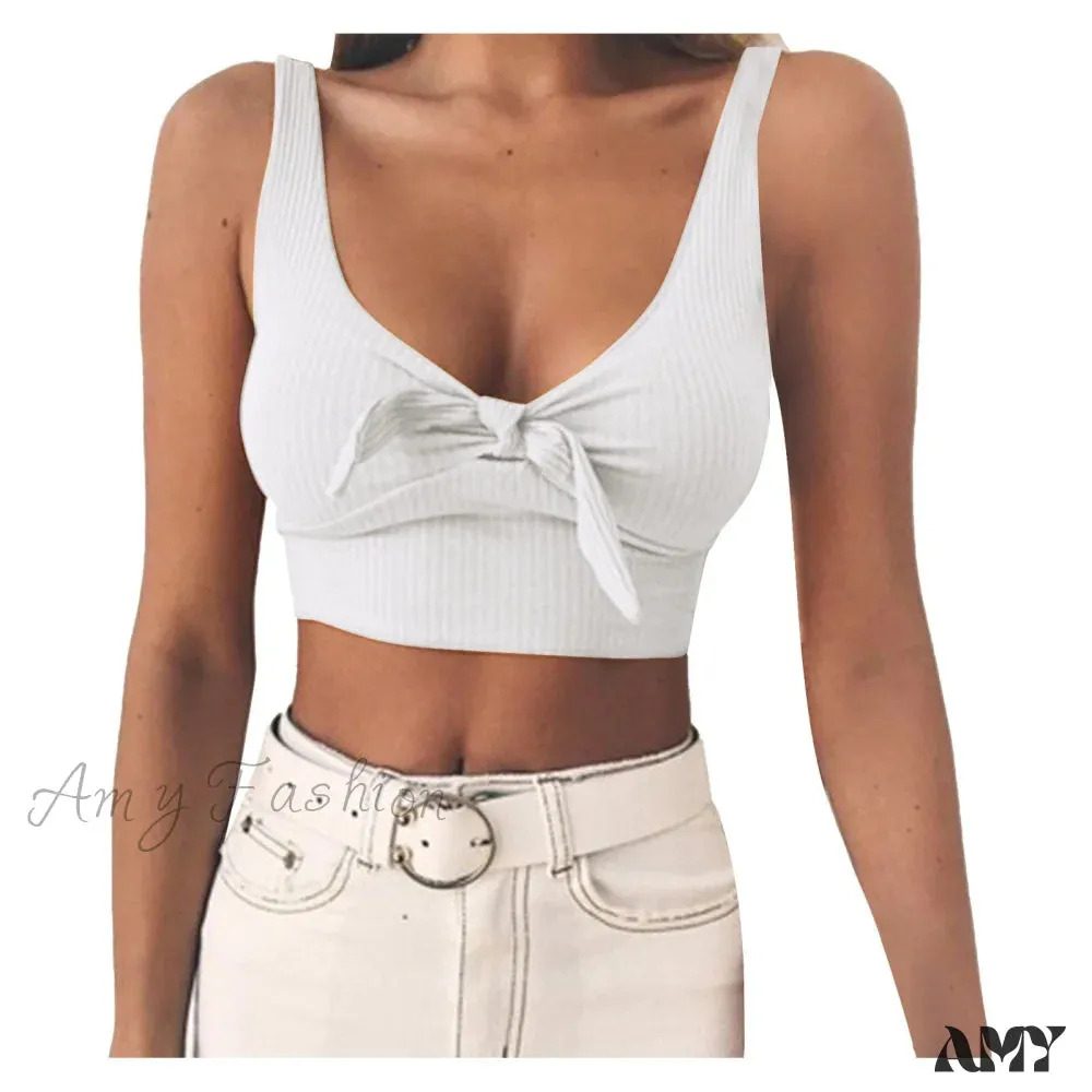 Amy Fashion - Sexy Bow Tank Tops For Women Bare Midriff Basic Crop Top