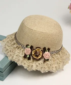 Beautiful Champagne Floral Lace Patchwork Linen Bucket Hat LY508