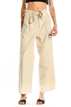 Beige Waist Tie Wide Leg Pants