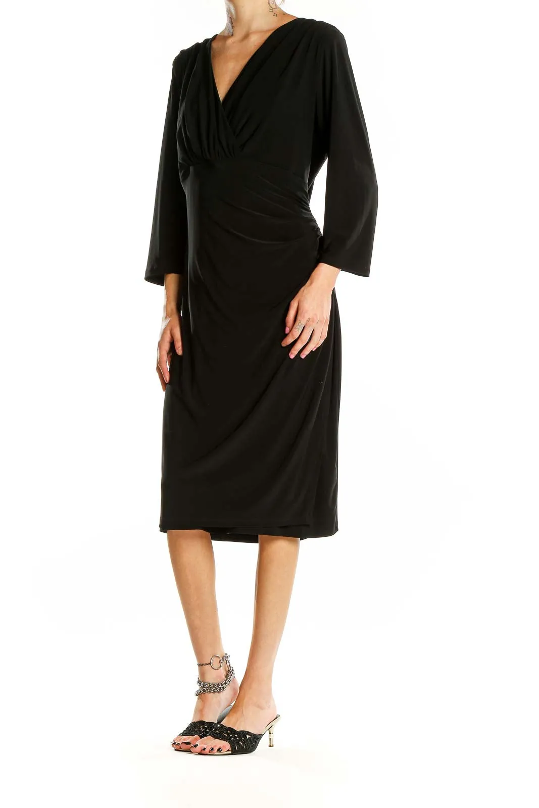 Black Elegant Wrap Midi Dress