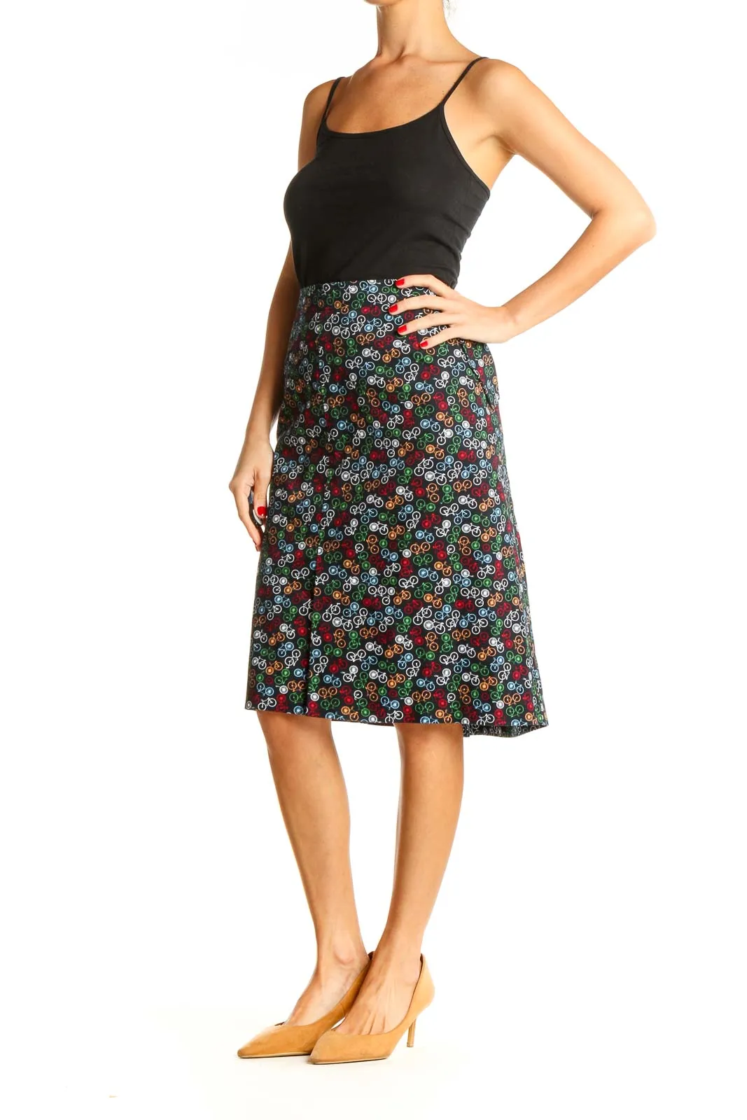 Black Printed Retro A-Line Skirt