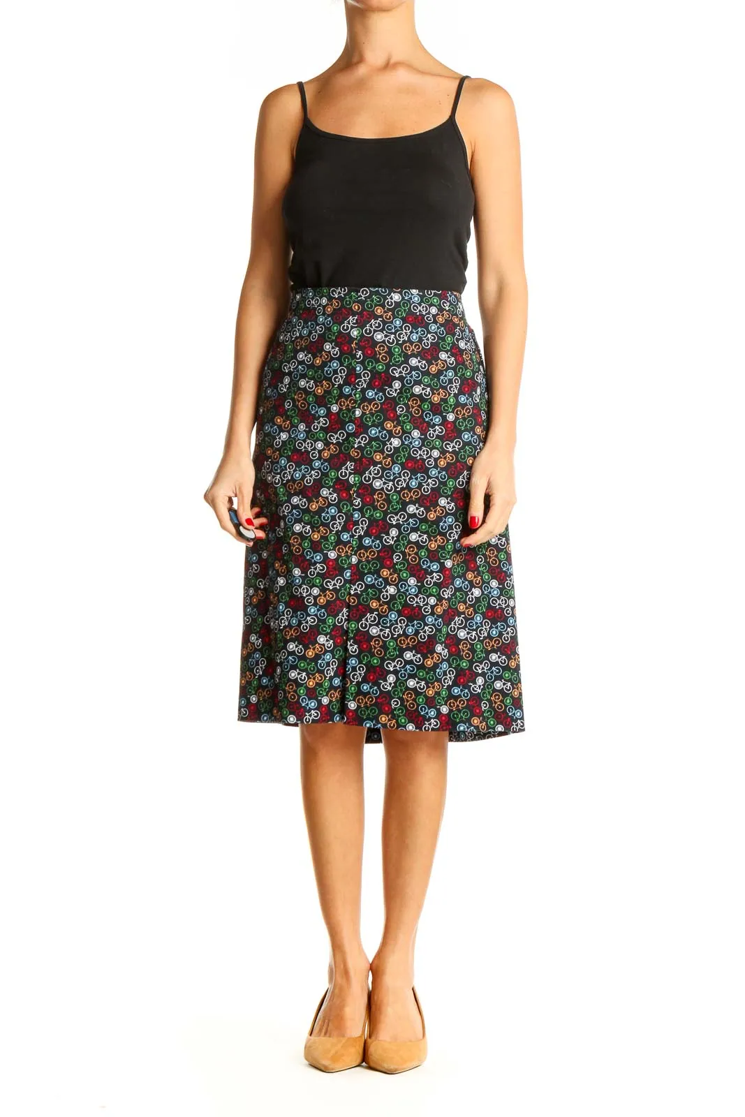 Black Printed Retro A-Line Skirt