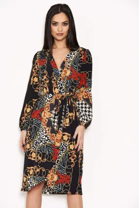 Black Printed V-Neck Wrap Dress