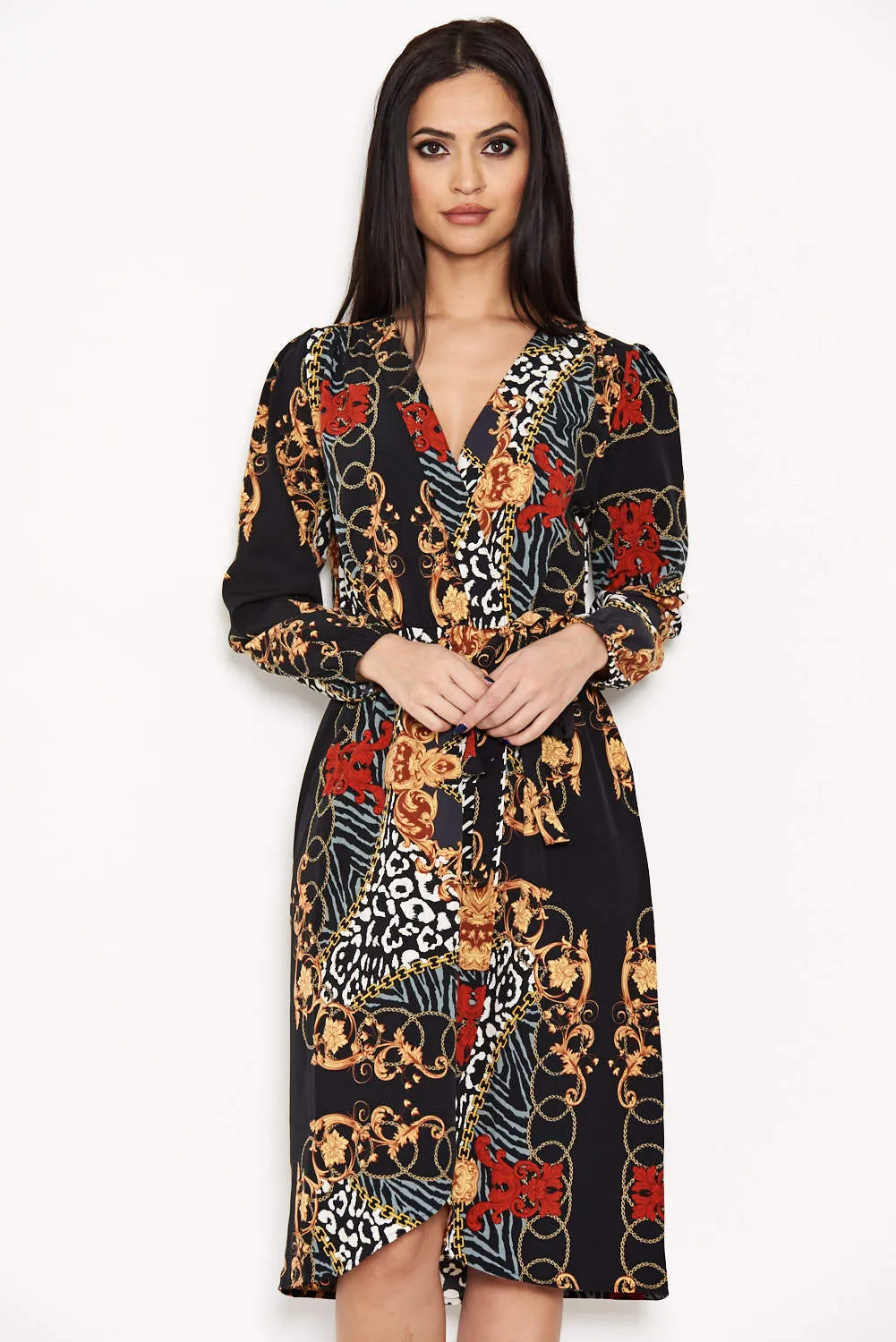 Black Printed V-Neck Wrap Dress