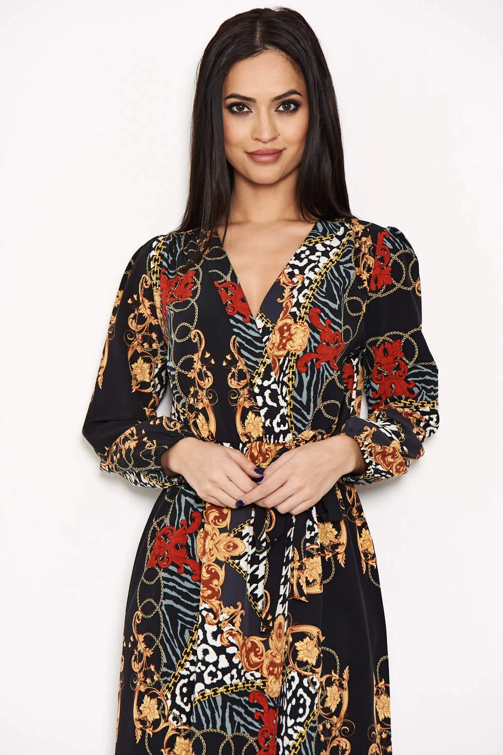 Black Printed V-Neck Wrap Dress