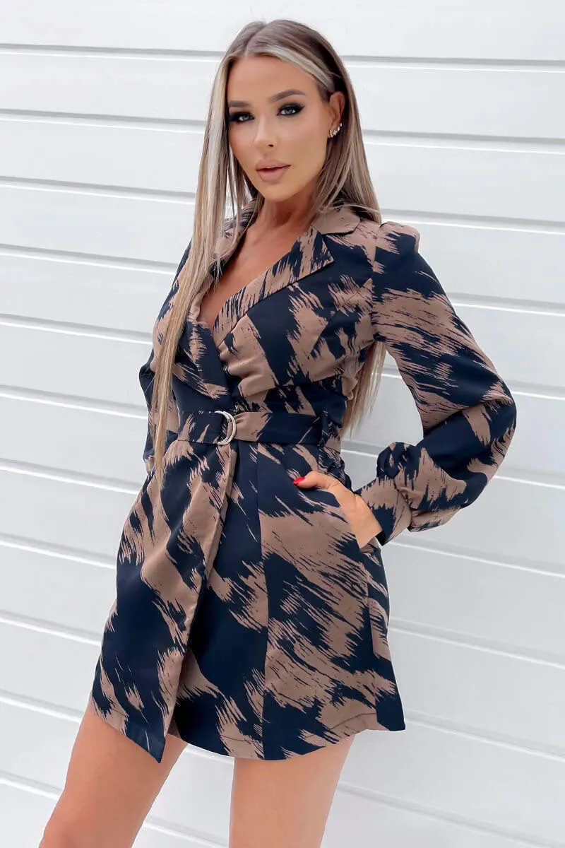 Brown and Navy Printed Long Sleeve Wrap Mini Dress