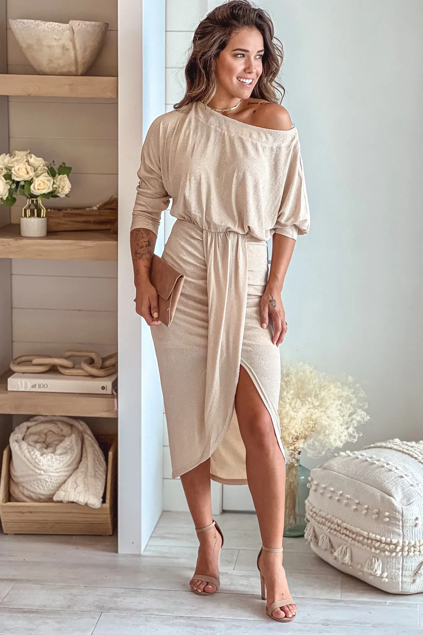 Champagne Lurex Wrap Dress