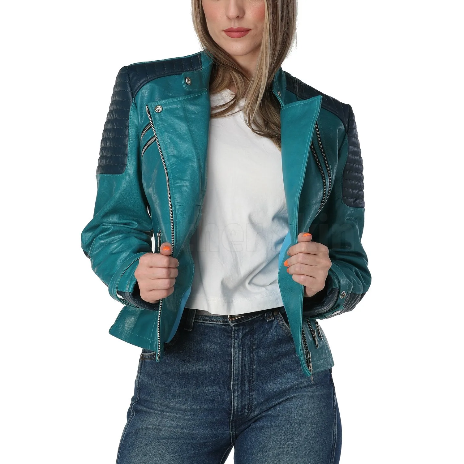 Cynthia Teal Leather Jacket