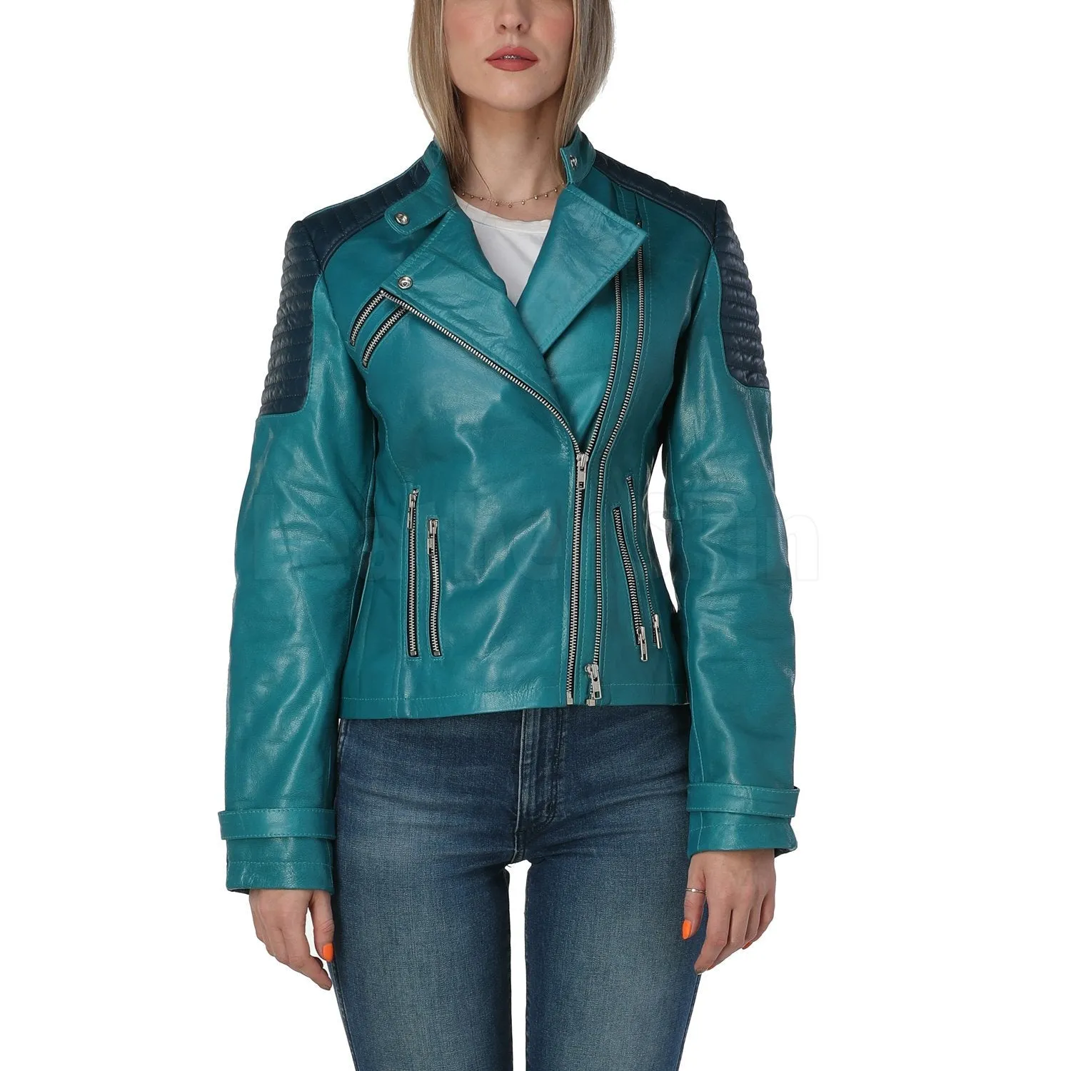 Cynthia Teal Leather Jacket