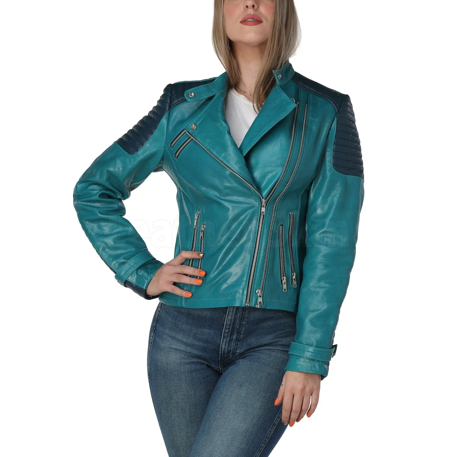 Cynthia Teal Leather Jacket