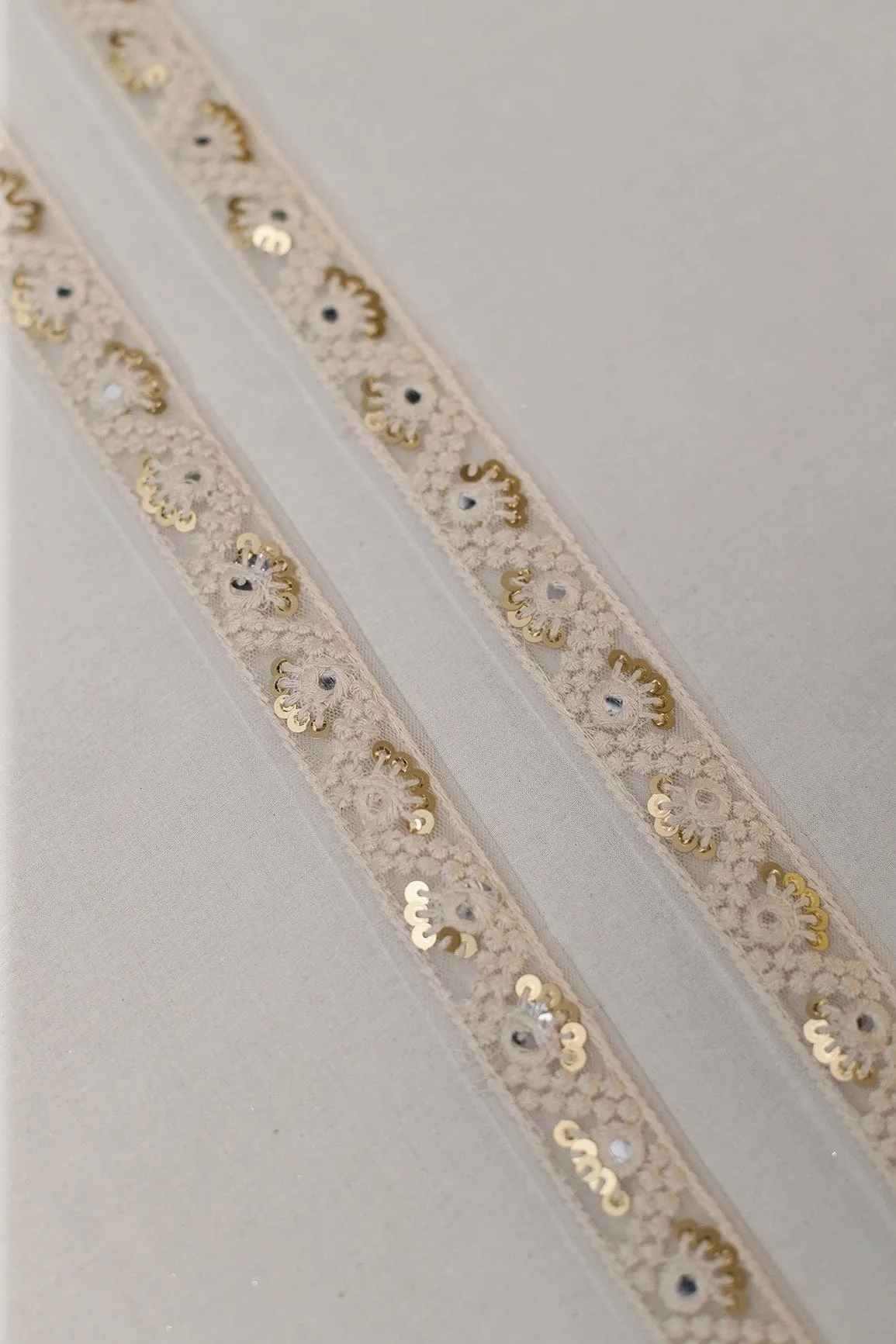 Dyeable White Thread Work With Sequins And Faux Mirror Embroidered Lace (9 Meters)