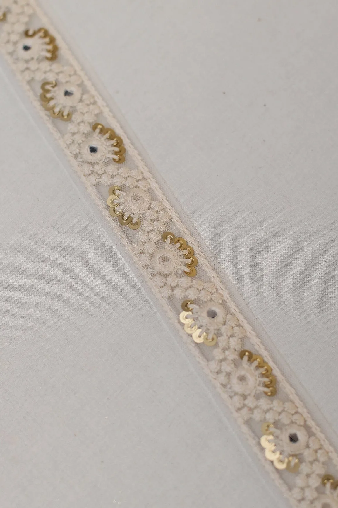 Dyeable White Thread Work With Sequins And Faux Mirror Embroidered Lace (9 Meters)