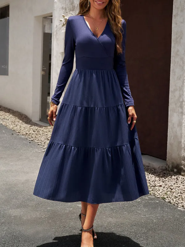 Elegant Textured Fitted Waist Long Sleeve Tiered Dress