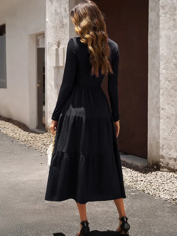 Elegant Textured Fitted Waist Long Sleeve Tiered Dress