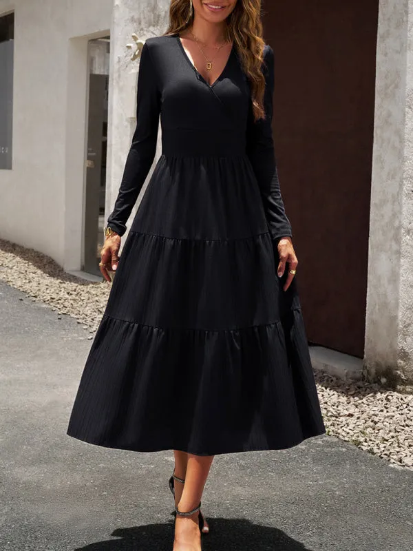 Elegant Textured Fitted Waist Long Sleeve Tiered Dress