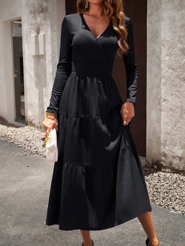 Elegant Textured Fitted Waist Long Sleeve Tiered Dress