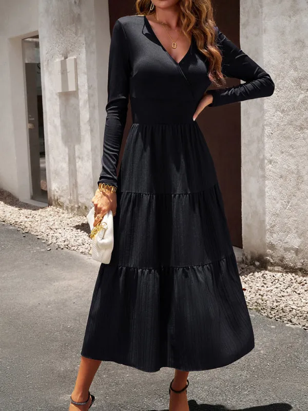 Elegant Textured Fitted Waist Long Sleeve Tiered Dress