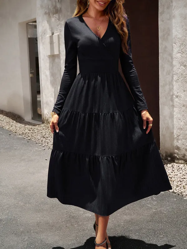 Elegant Textured Fitted Waist Long Sleeve Tiered Dress