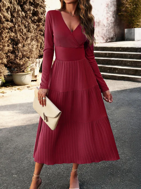 Elegant Textured Fitted Waist Long Sleeve Tiered Dress