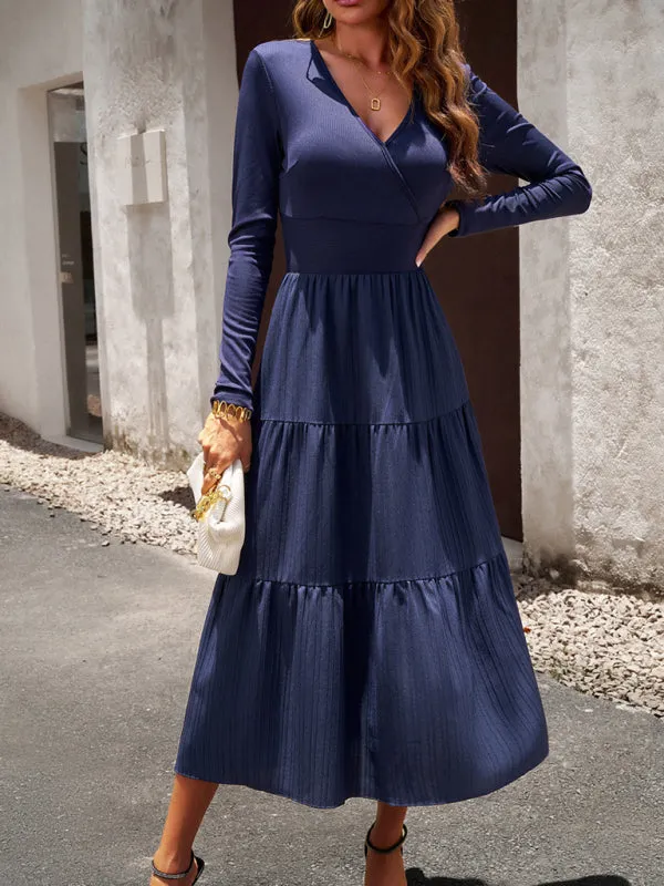 Elegant Textured Fitted Waist Long Sleeve Tiered Dress