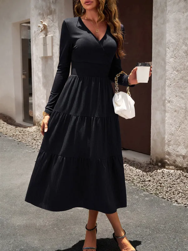 Elegant Textured Fitted Waist Long Sleeve Tiered Dress