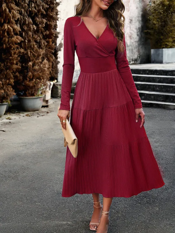 Elegant Textured Fitted Waist Long Sleeve Tiered Dress