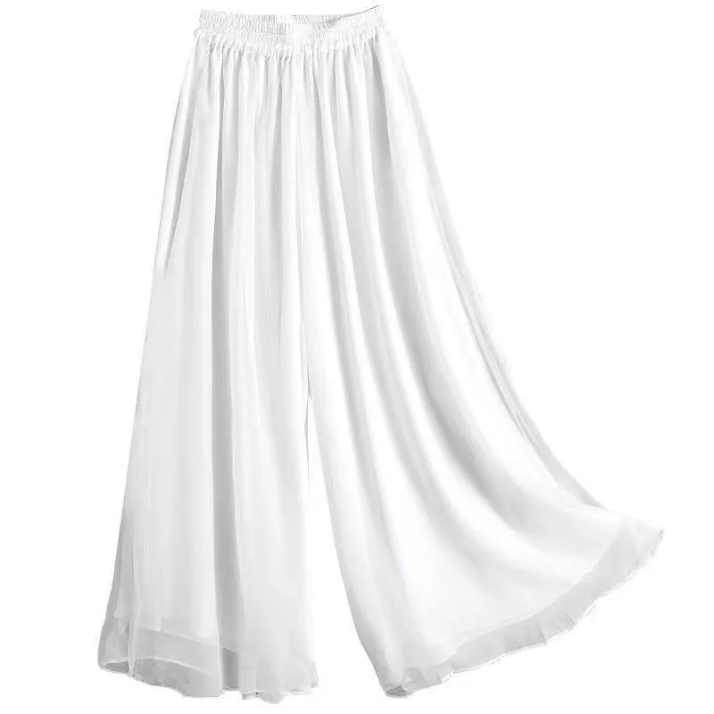 Fashion Woman Casual Chiffon Wide Leg Pants Big Size Loose Solid White Elastic Band High Waist Female Clothing Oversize Trousers