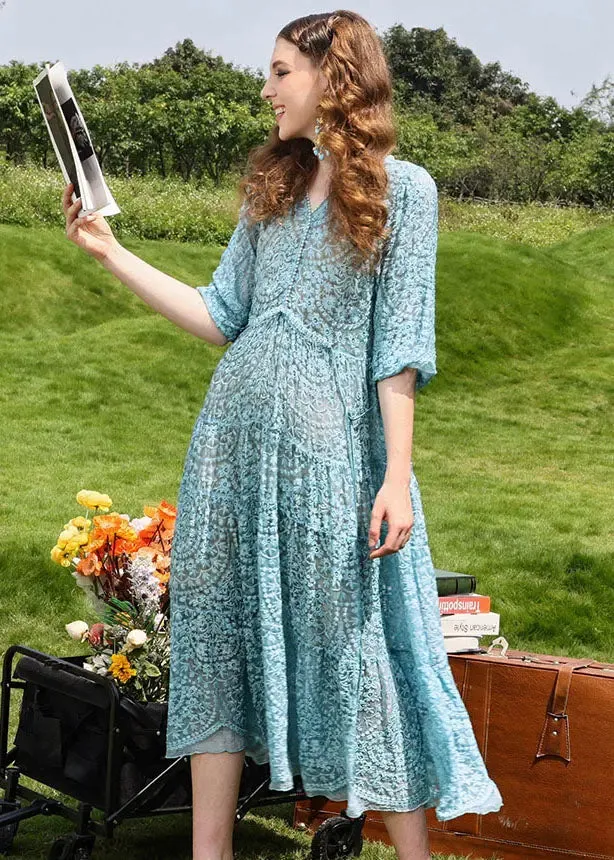 Floral Hollow Out Silk Long Dresses Half Sleeve