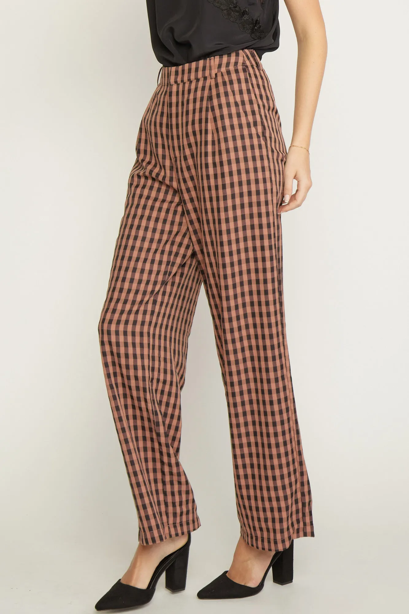 Gingham print high waisted wide leg pants