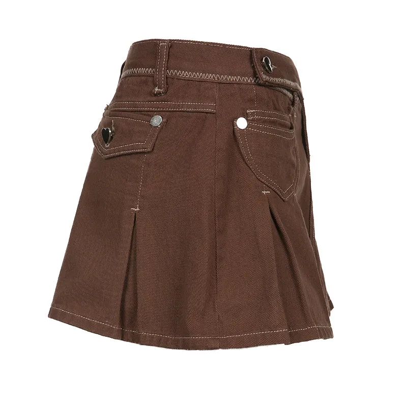 Julia Fashion - Women Pleated Brown Jean Skirts