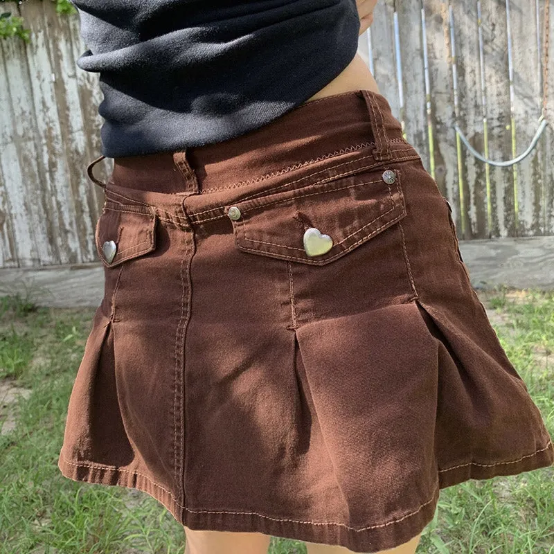 Julia Fashion - Women Pleated Brown Jean Skirts