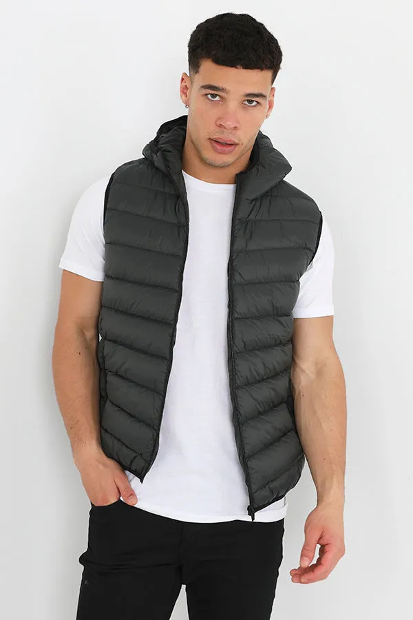 KHAKI ZIP THROUGH CHEVRON QUILT PADDED HOODED GILET