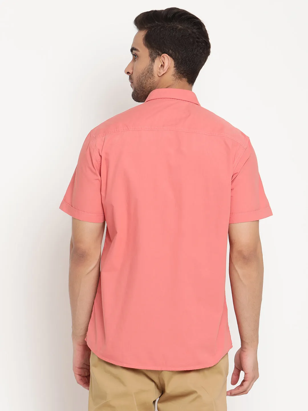 Men's Brick Red Casual Plain Half Sleeve Shirt