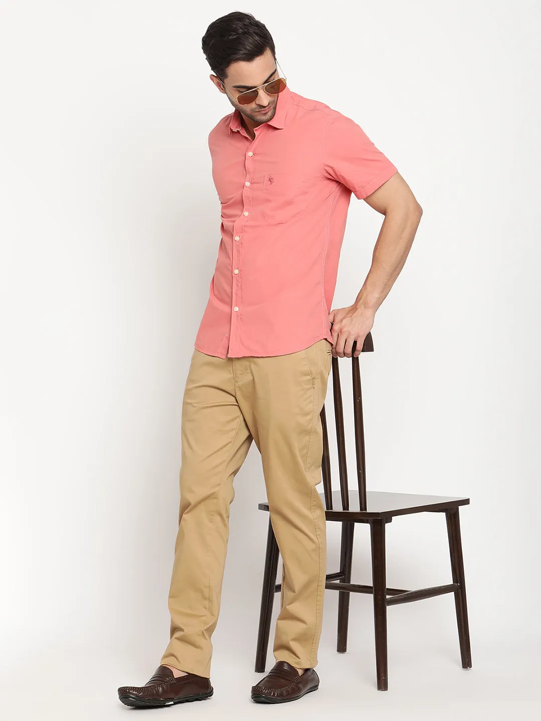 Men's Brick Red Casual Plain Half Sleeve Shirt