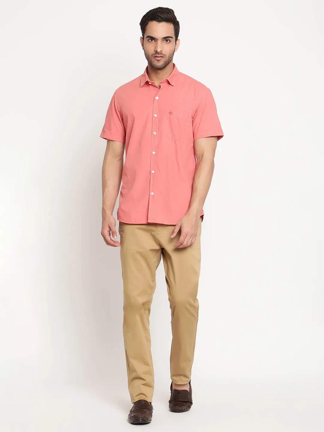 Men's Brick Red Casual Plain Half Sleeve Shirt