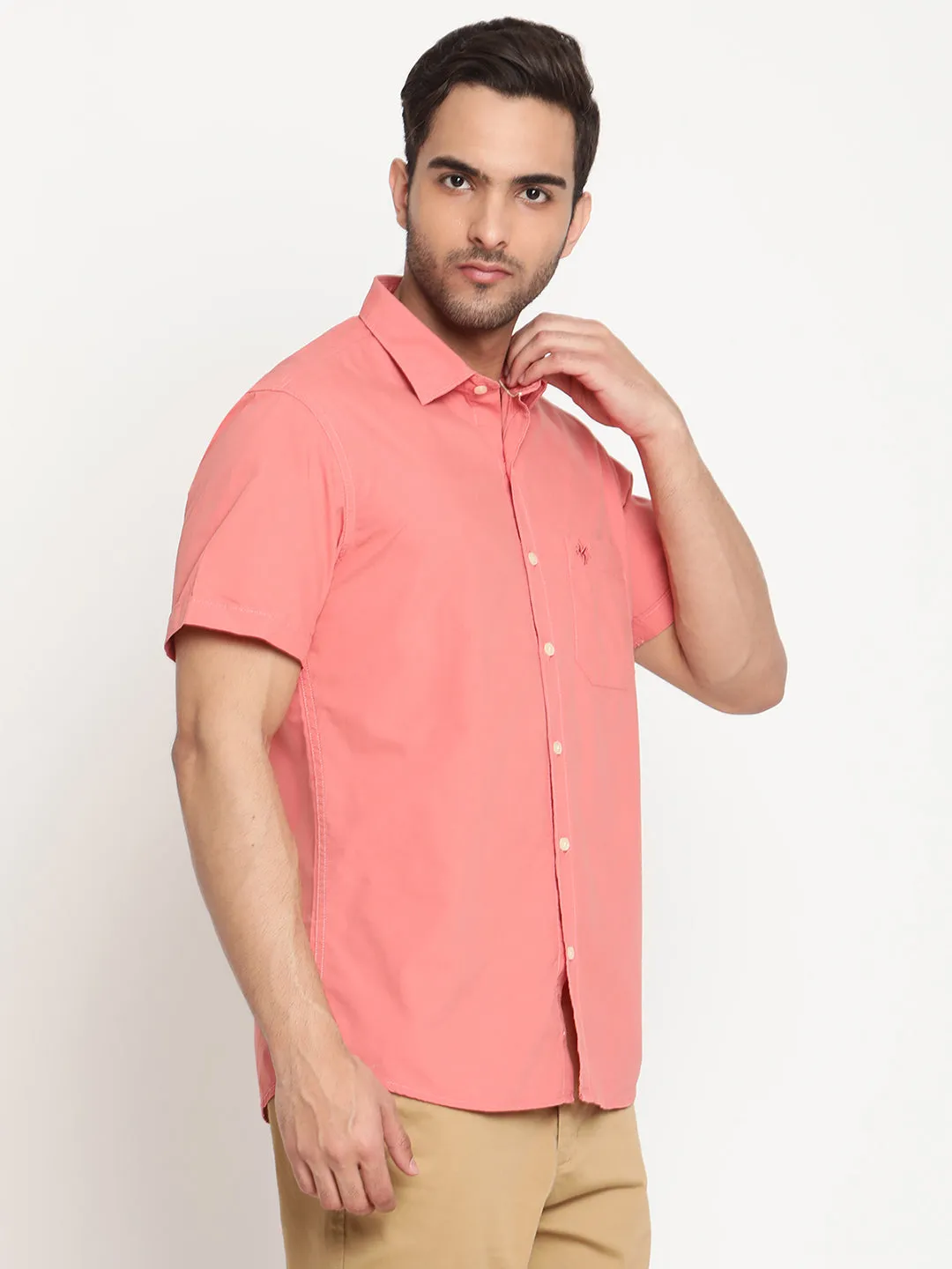 Men's Brick Red Casual Plain Half Sleeve Shirt