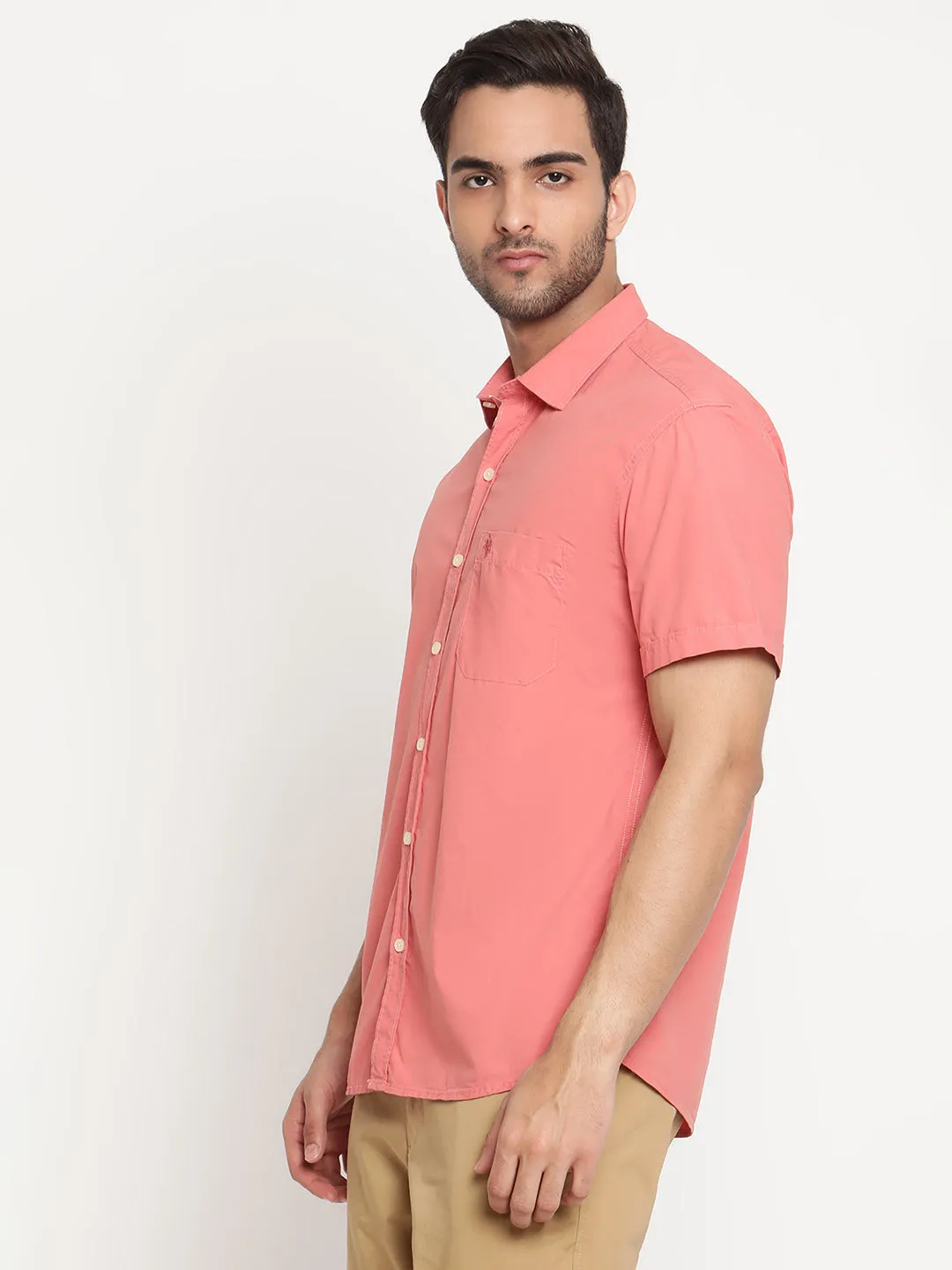 Men's Brick Red Casual Plain Half Sleeve Shirt