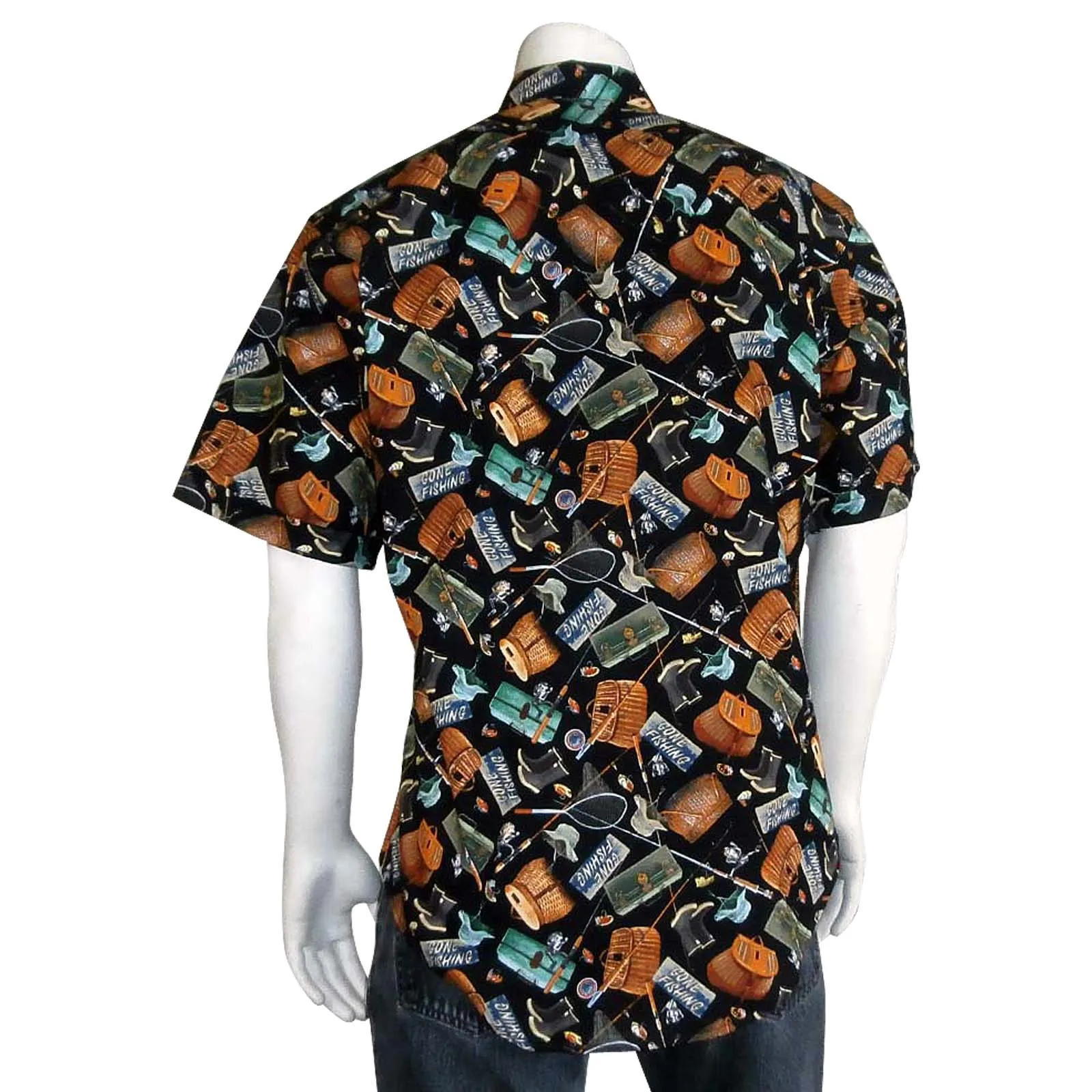 Men’s Gone Fishing Print Short Sleeve Western Shirt in Black