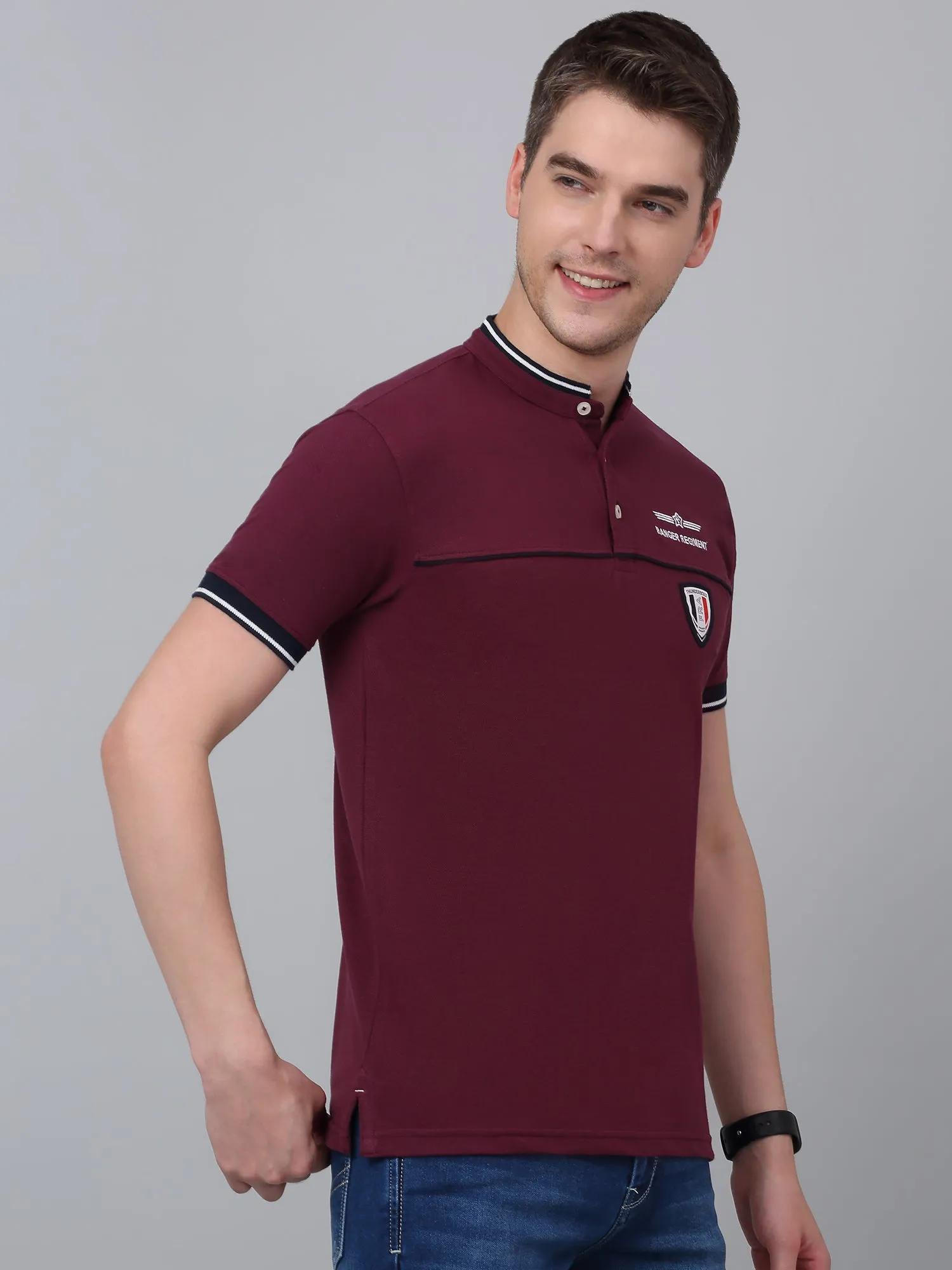 Men's Maroon Printed Mandarin Collar T-shirt