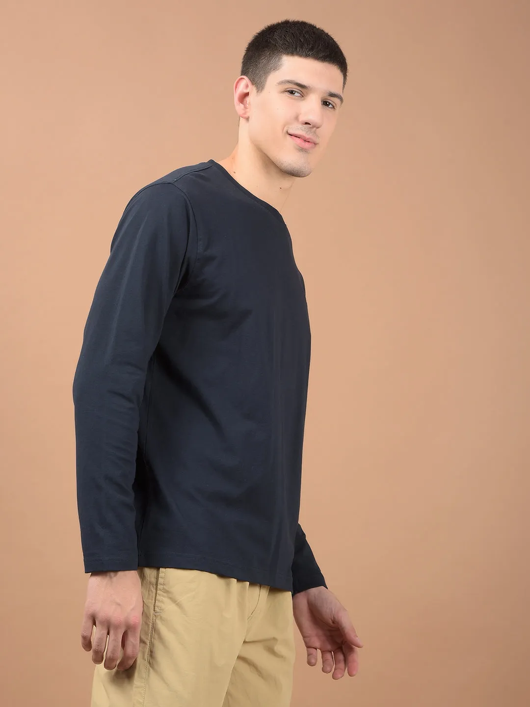 Men's Navy Self Design Full Sleeves Round Neck T-shirt For Winter