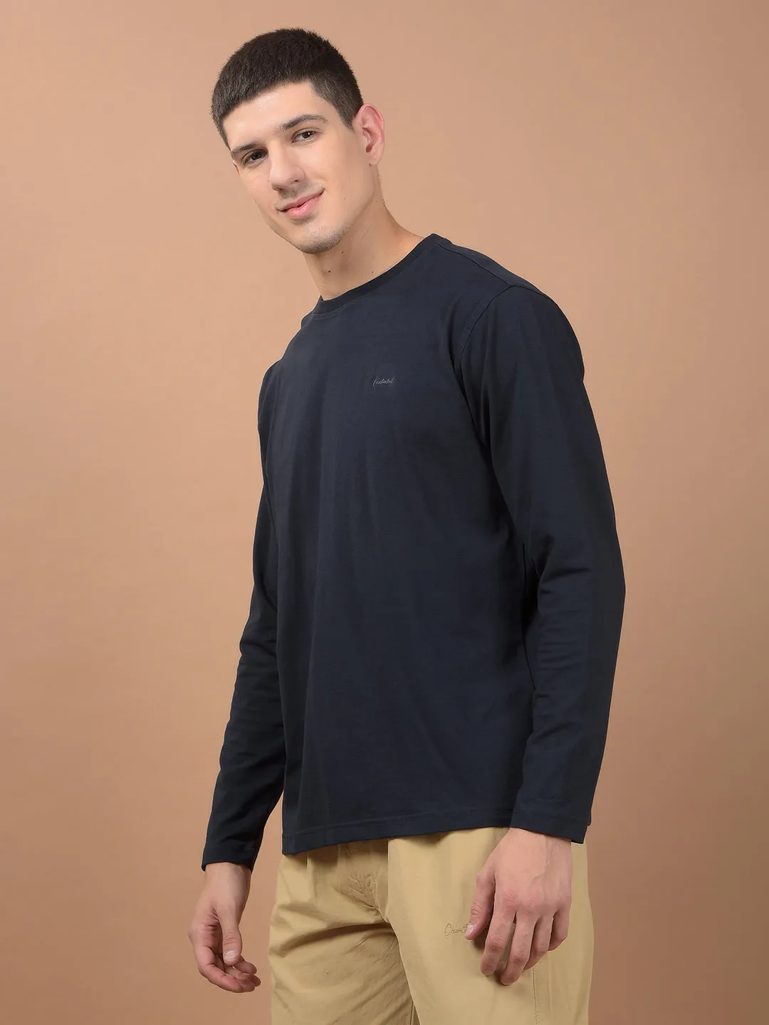 Men's Navy Self Design Full Sleeves Round Neck T-shirt For Winter