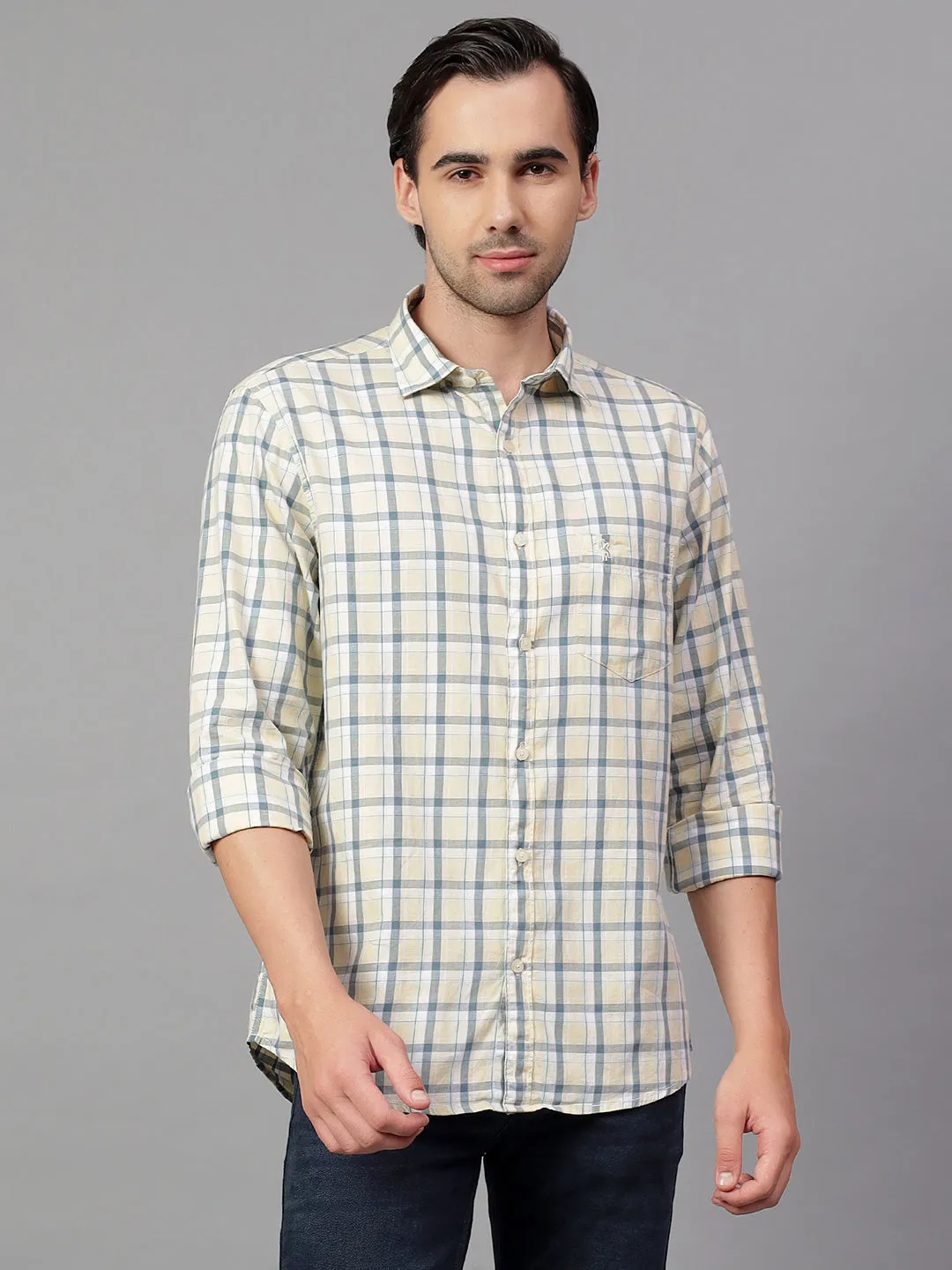 Men's Yellow Checked Full Sleeve Casual Shirt